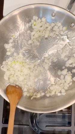 After 1-2 minutes, add in your diced onion and cook until translucent (about 3 minutes)