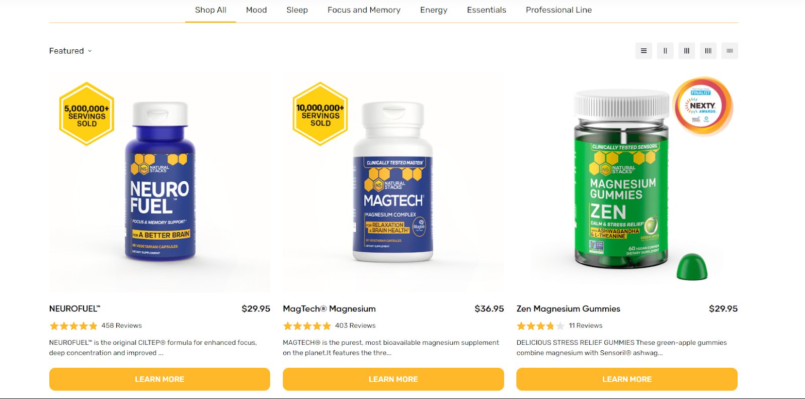 Product pages provide a decent overview of the functional targets of each supplement 