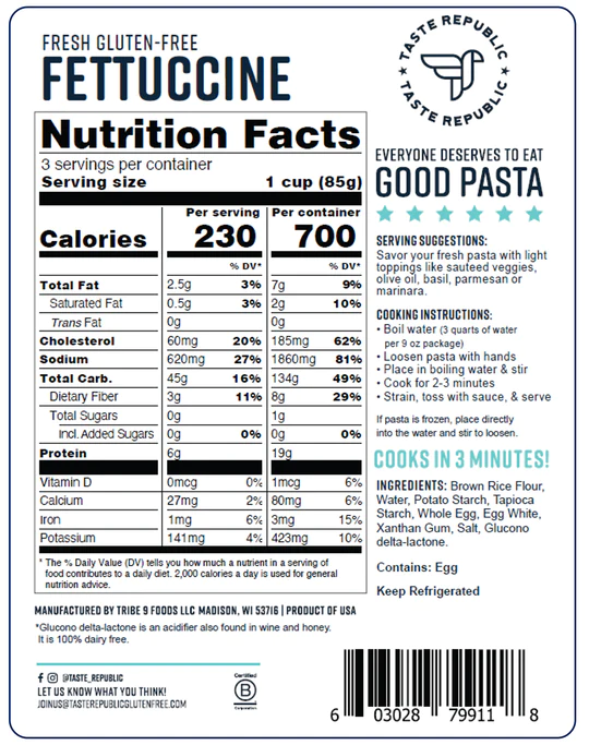 Fresh Gluten-Free Fettuccine Nutrition Facts