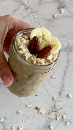 oats topped with banana and pecans
