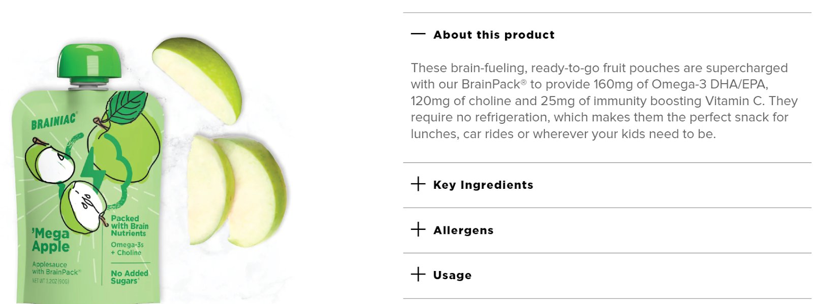 “About this product”—describes omega-3, choline, and vitamin C content