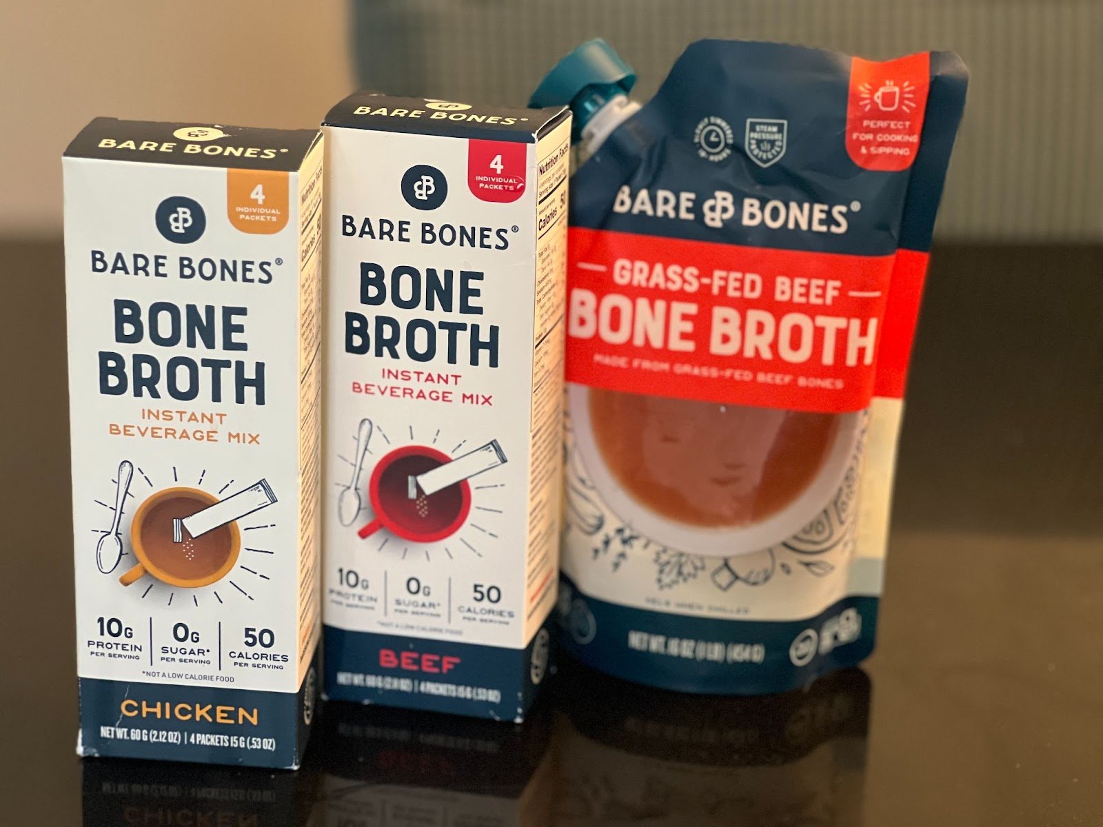 Instant Bone Broth, Instant Beverage Mix, and Grass-fed Beef Bone Broth