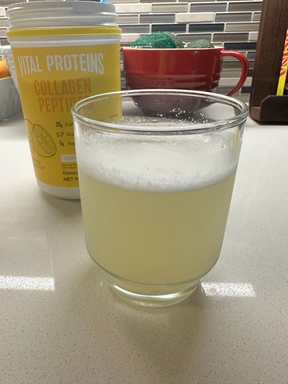Vital Proteins Lemon Collagen Peptides mixed with water.