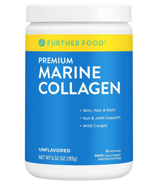 A tub of Further Food Marine Collagen pictured against a white backdrop
