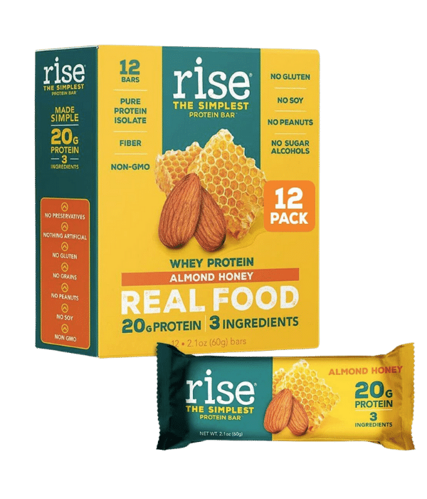 A box of Rise Bars Whey Protein Almond Honey pictured above an individual wrapped bar against a white background