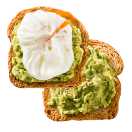 Two pieces of avocado toast, one of which is topped with a cooked egg