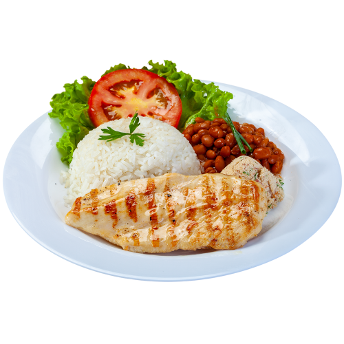 A plate of grilled chicken, roasted vegetables, and rice