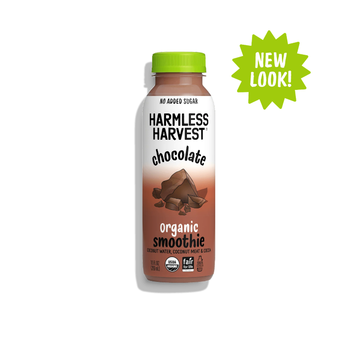 A bottle of Harmless Harvest Chocolate Coconut Smoothie against a white background
