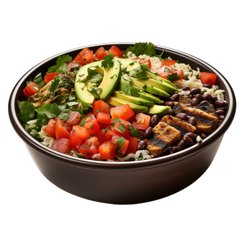 A bowl filled with chicken, beans, avocados, rice, and other burrito ingredients 