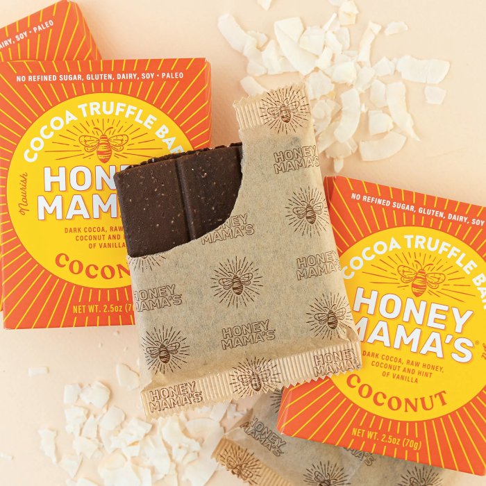 A half-opened package of Honey Mama’s Coconut Cocoa Truffle Bar