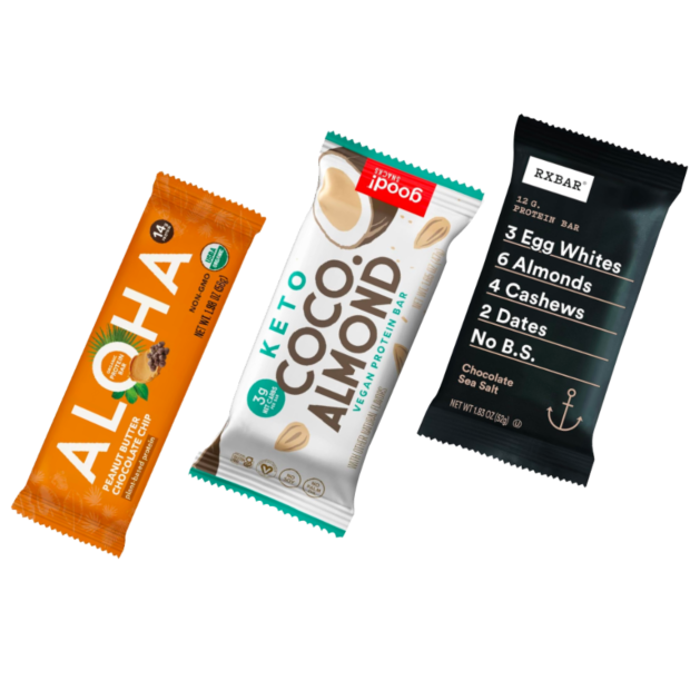 An Aloha, Good! Snacks Vegan Keto, and RXBar, all wrapped and displayed alongside each other in a row
