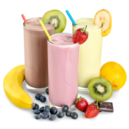 Three glasses of protein-rich smoothies with various fruits strewn about the surface they're resting on