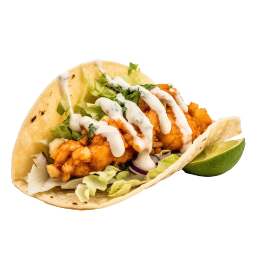 A taco containing fried shrimp, lettuce, onion, and a white sauce, alongside a lime wedge