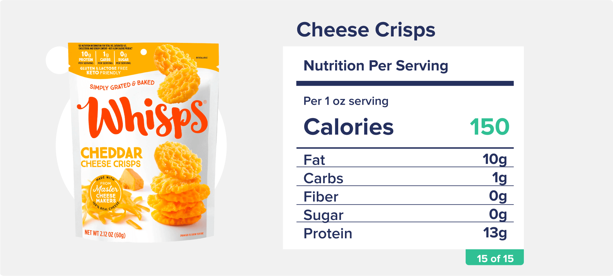 A package of Whisps brand Cheddar Cheese Crisps along with accompanying nutrition facts like calories, fat, and protein.