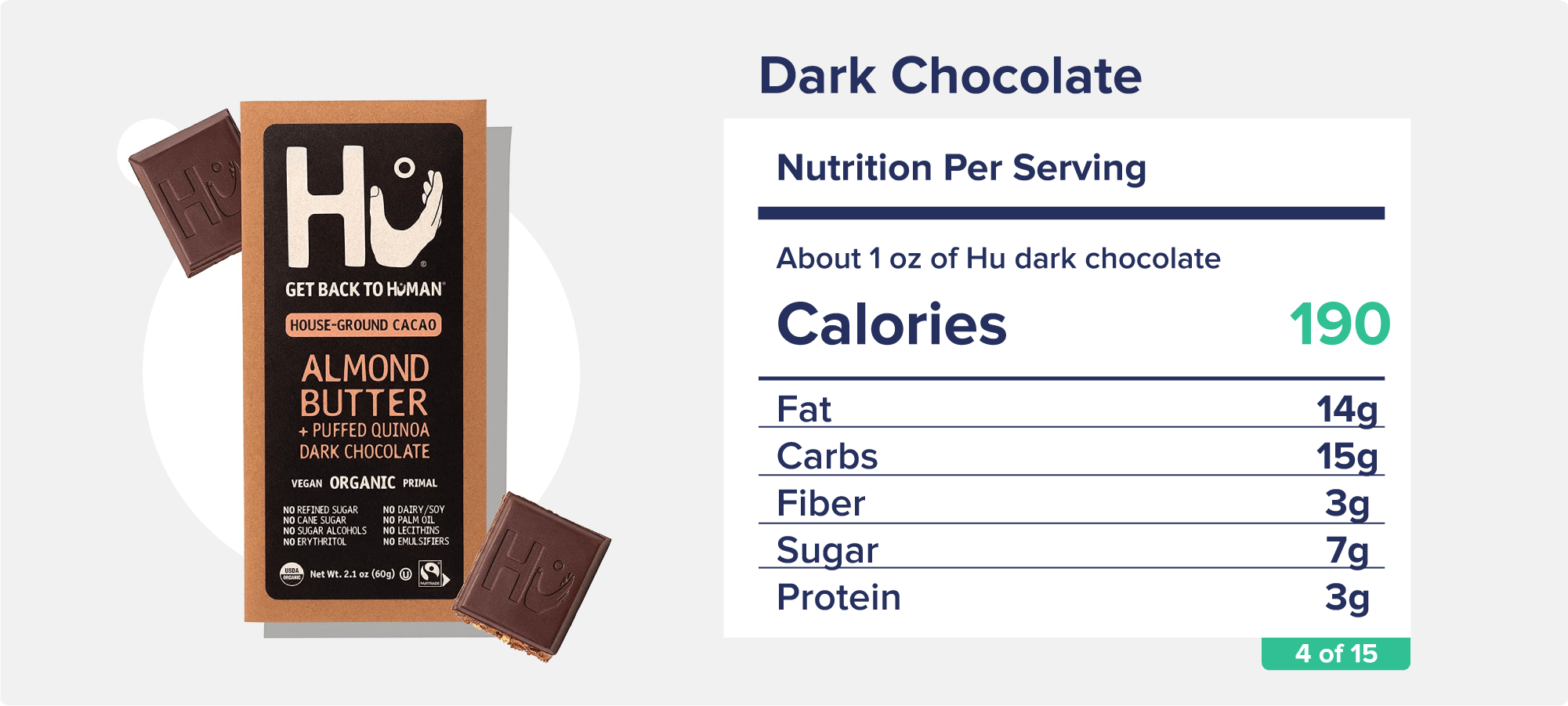 A wrapped HU Dark Chocolate bar with some additional chocolate squares pictured outside the wrapper, along with accompanying nutrition facts like calories, fat, and protein.