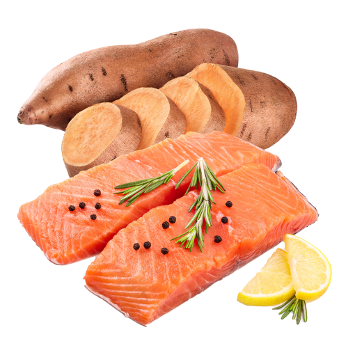 A picture of sweet potatoes and salmon topped with herbs and peppercorn against a blank background