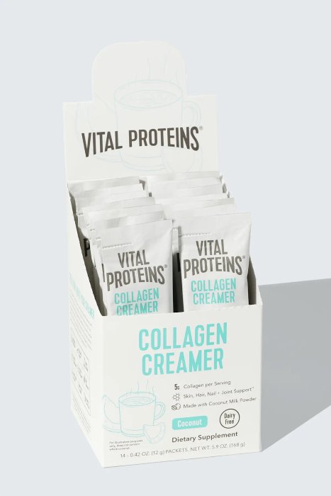 A carton of Vital Proteins Coconut Collagen Creamer packets against a white background