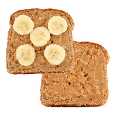 Two slices of whole wheat toast topped with peanut butter and banana slices
