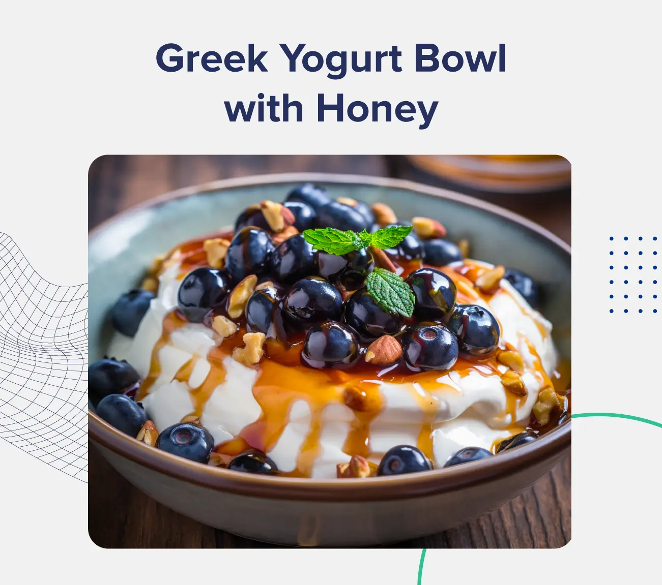 A graphic entitled "Greek Yogurt Bowl with Honey" depicting a bowl of yogurt covered in blueberries and honey.