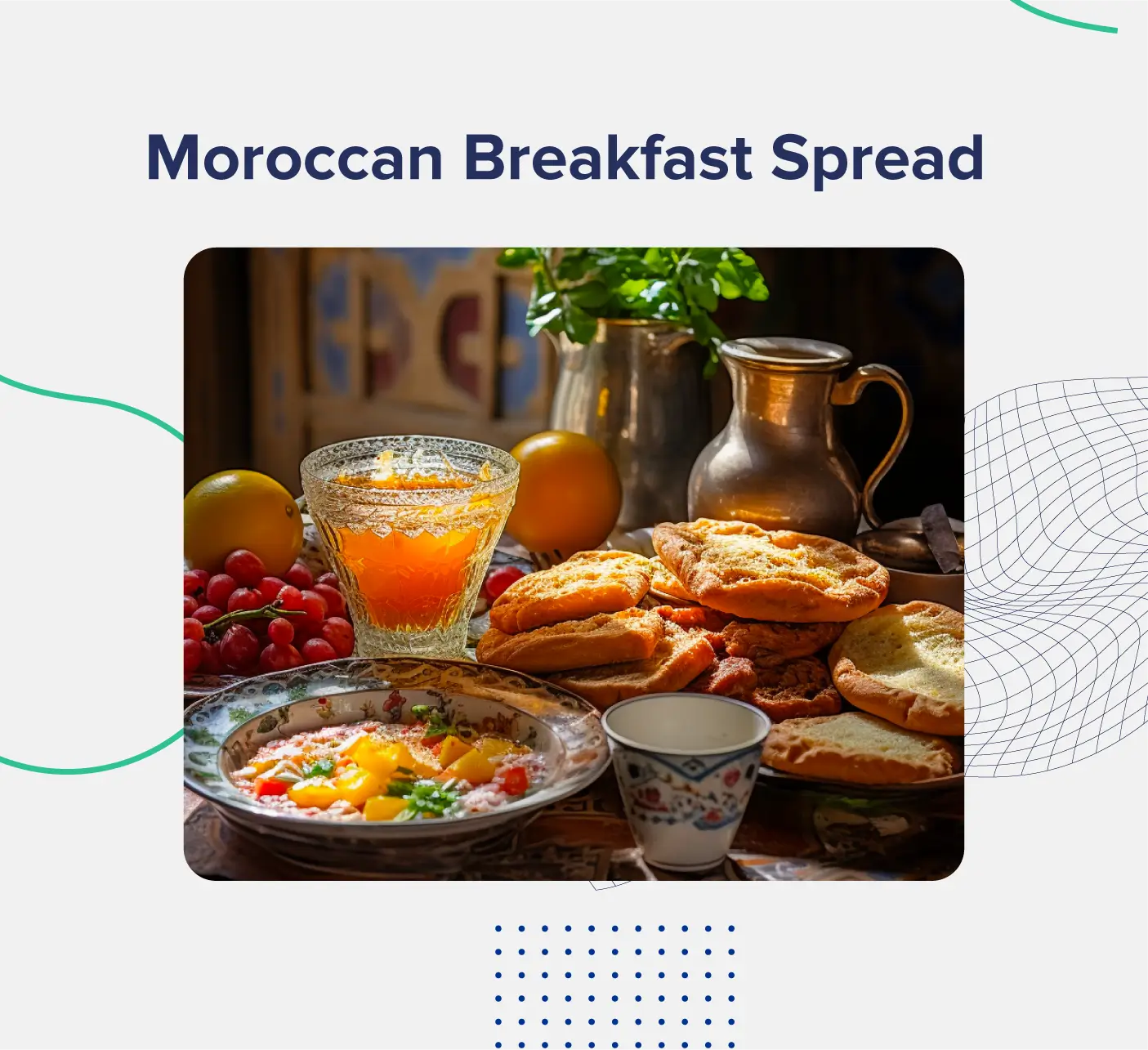 A graphic entitled "Moroccan Breakfast Spread" featuring an image of several dishes, including tea, bread, a pureed dip known as amlou, and more.