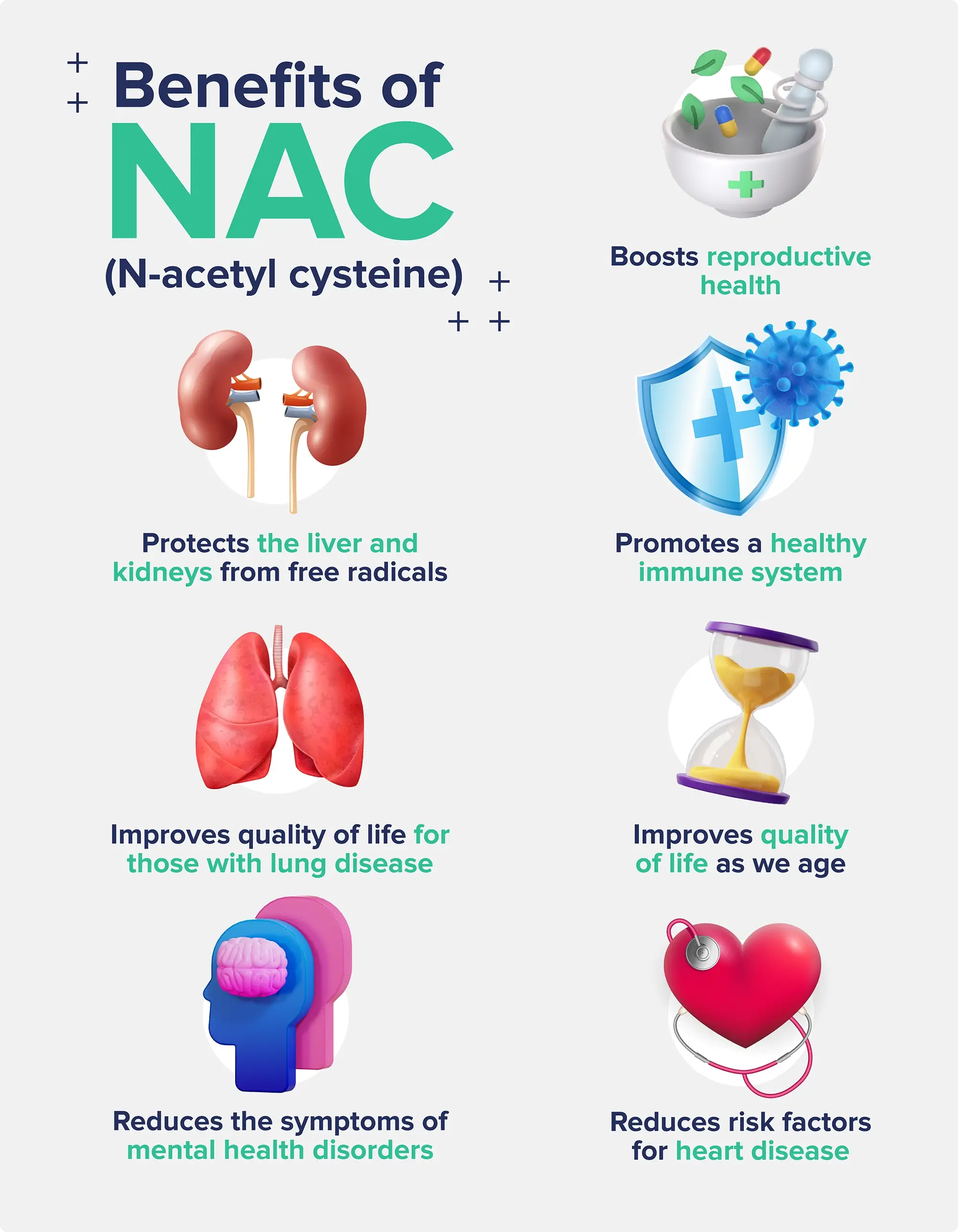 A graphic entitled "Benefits of NAC" depicting small icons labeled after different categories of benefits, including kidney protection, lung disease symptom management, immune system benefits, and more.