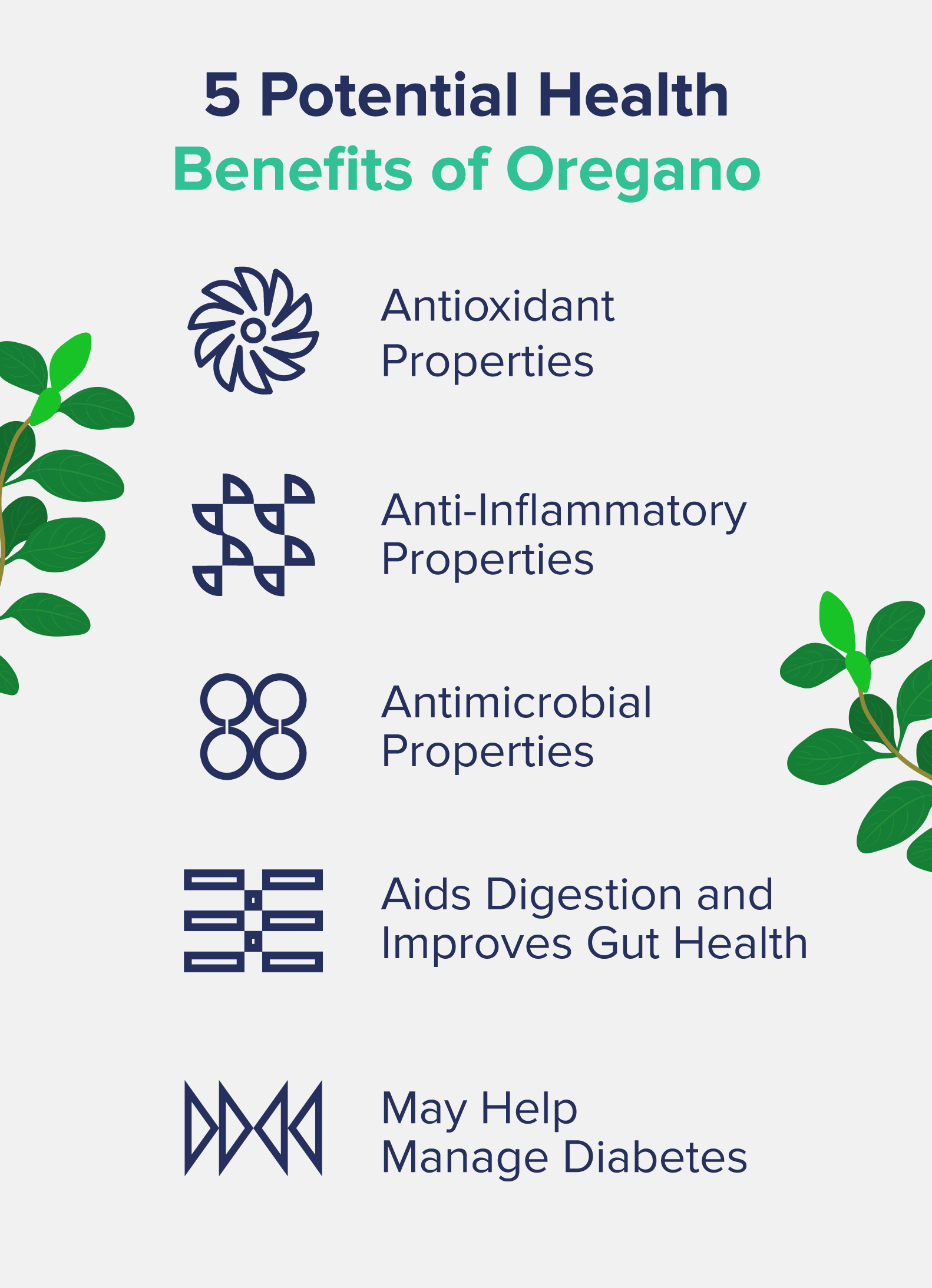 A graphic entitled "5 Potential Health Benefits of Oregano," listing benefits like "antioxidant properties" and "antimicrobial properties" alongside corresponding icons.