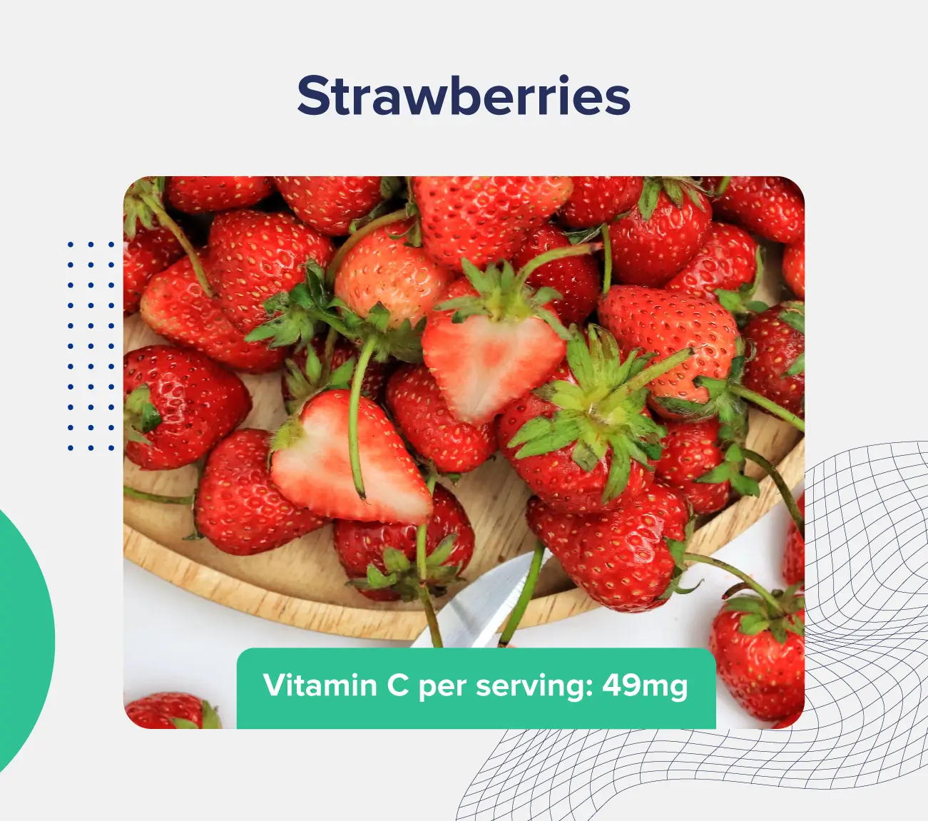 A graphic entitled "strawberries" depicting an assortment of cut and whole strawberries on a wooden plate with vitamin C content listed (49 milligrams per serving)