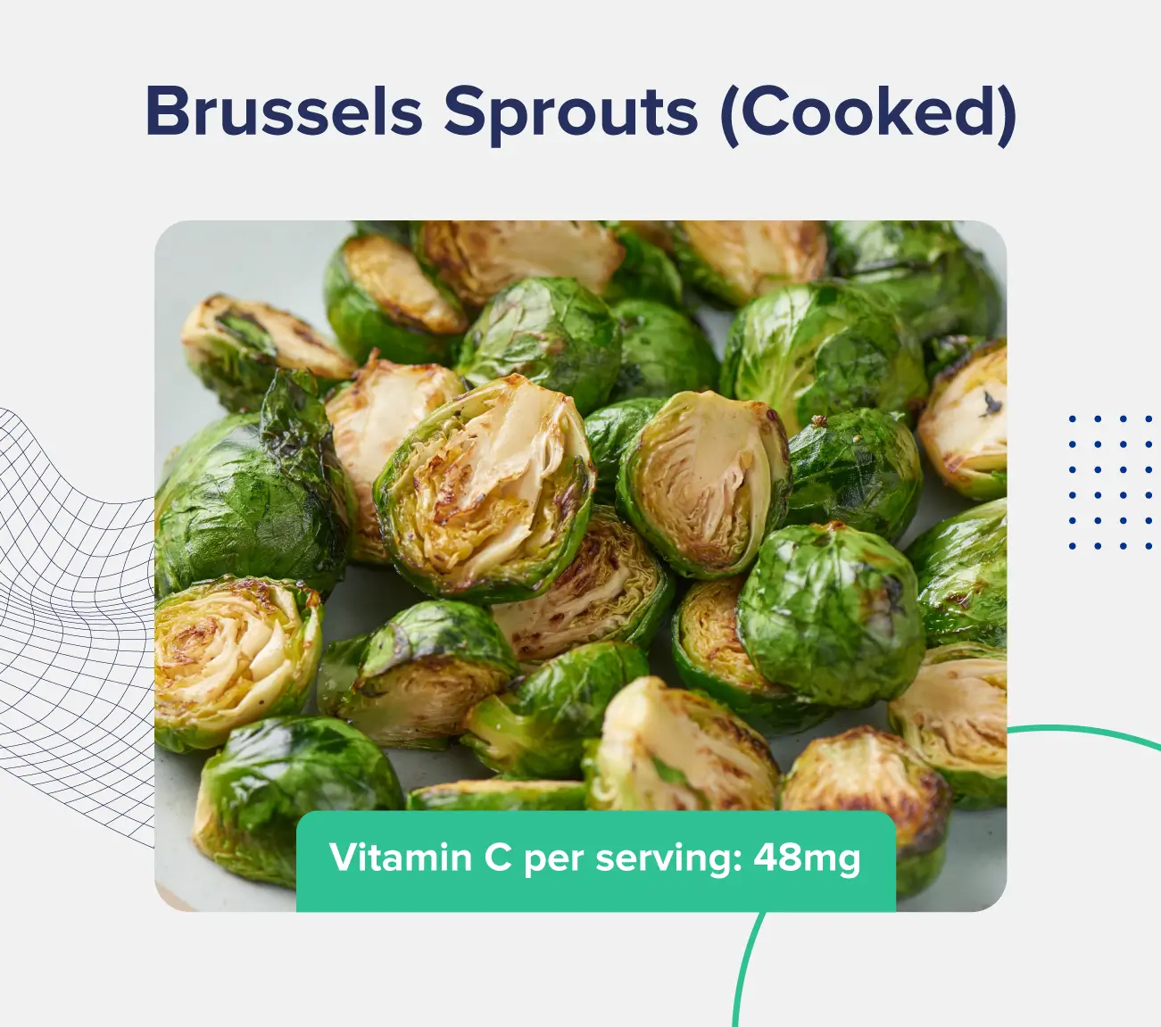 A graphic entitled "brussels sprouts (cooked)" depicting an assortment of chopped brussels sprouts and listing the vitamin C content (48 milligrams per serving)