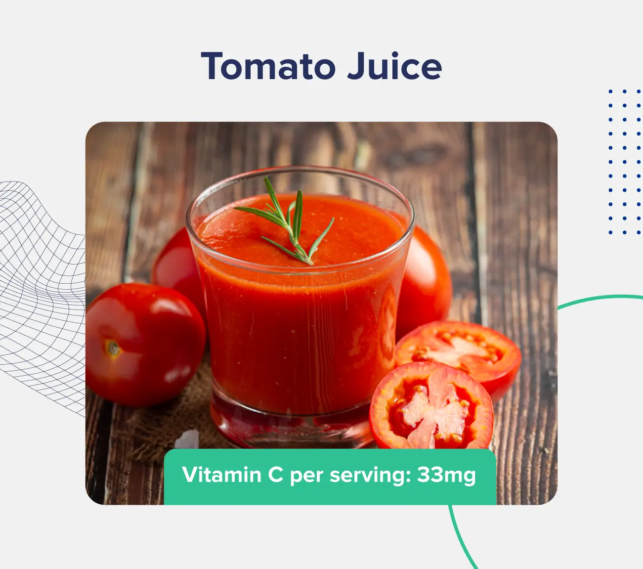 A graphic entitled "tomato juice" depicting a glass of tomato juice garnished with a thyme leaf and surrounded by cut and whole tomatoes, along with a description of the vitamin C content (33 milligrams per serving) 