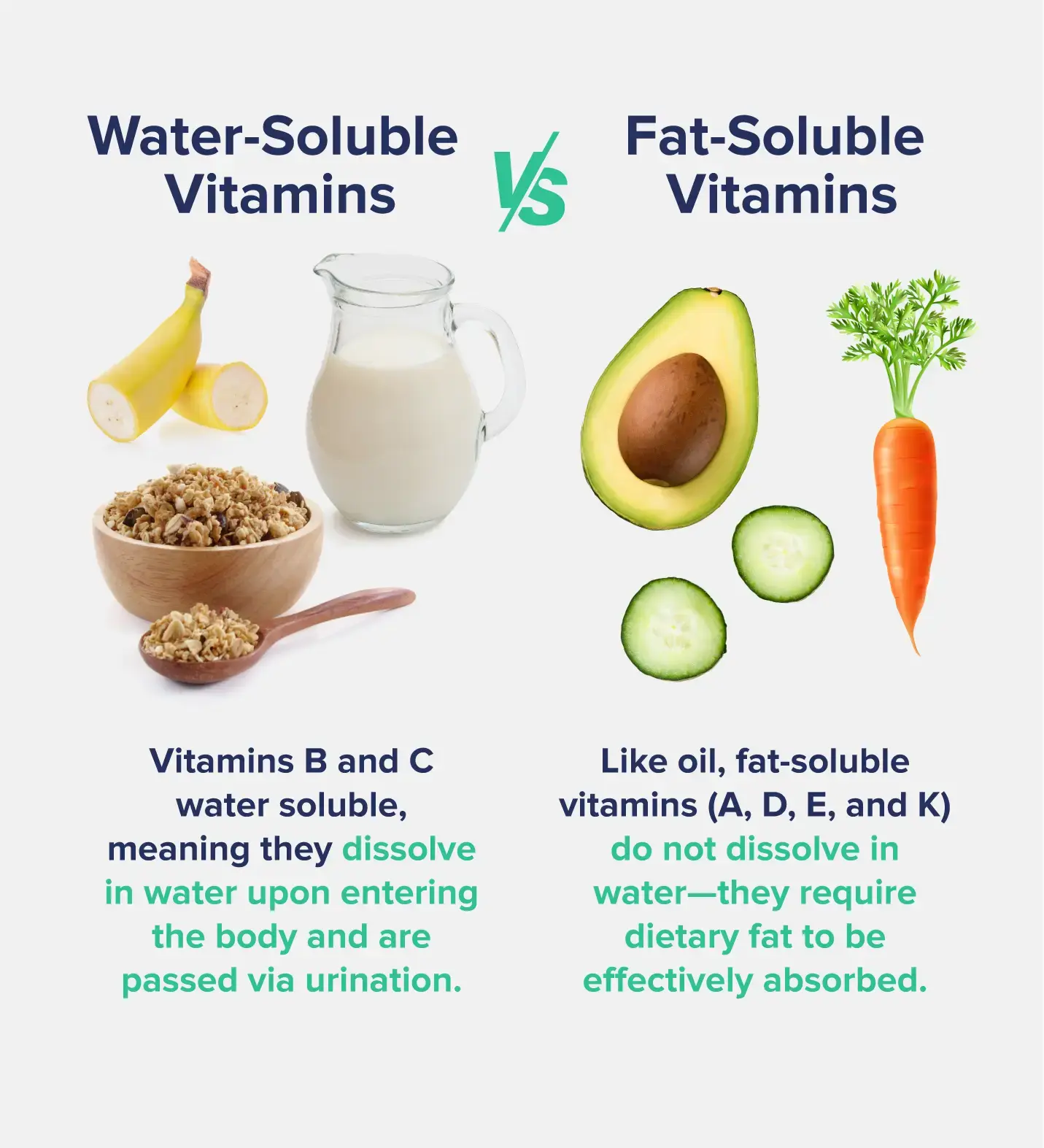 A graphic entitled "Water-Soluble Vitamins VS Fat-Soluble Vitamins" depicting images of each type with labeled descriptions, including bananas and milk for water-soluble vitamins B and C and avocados and cucumbers for fat-soluble vitamins A, D, E, and K. 