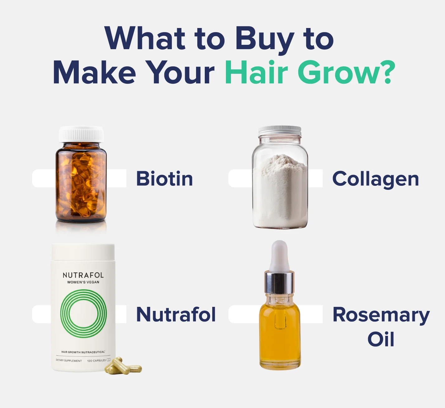 What to Buy to Make Your Hair Grow?- Biotin- Collagen - Nutrafol- Rosemary Oil 