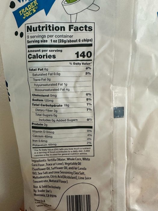 nutrition facts label for a bag of chips