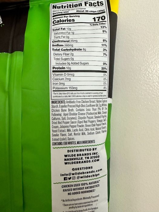 nutrition facts label for a bag of chicken chips