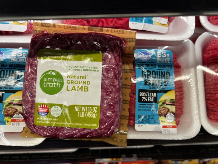 Packages of ground lamb and ground beef.
