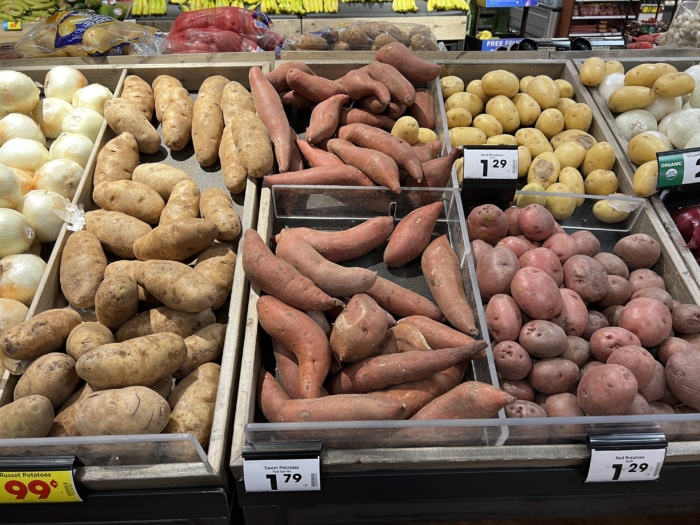 A variety of potatoes at the grocery store.