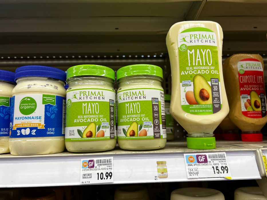 Bottles and jars of Primal Kitchen brand mayo with avocado oil 