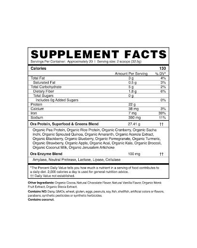 Ora So Lean & So Clean Plant-based Superfood Protein supplement nutrition facts 