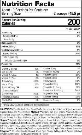 Plant Fusion Complete Meal Replacement nutrition facts 