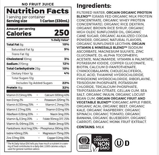 Orgain Organic Nutrition Grass-Fed Protein Shake nutrition facts