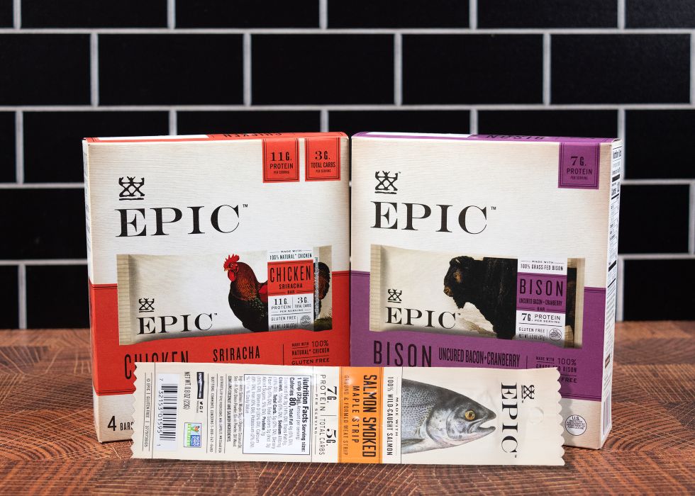 Two boxes of EPIC Provisions jerky and one package of EPIC Provisions salmon jerky.