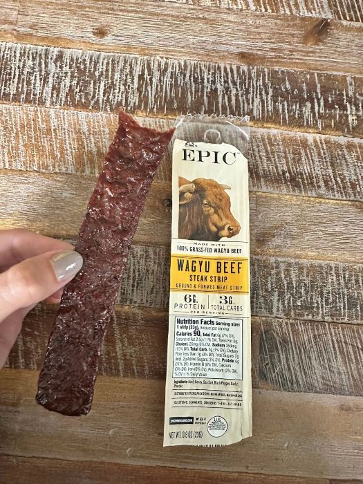 Opened serving of EPIC Provisions Wagyu Beef Jerky.