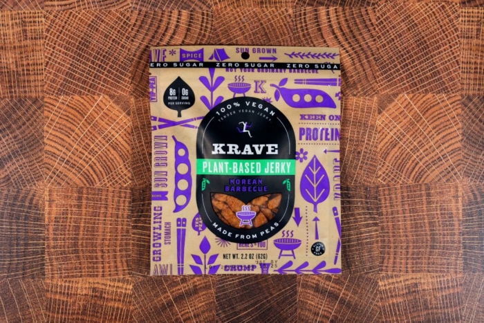 Package of KRAVE plant-based jerky.