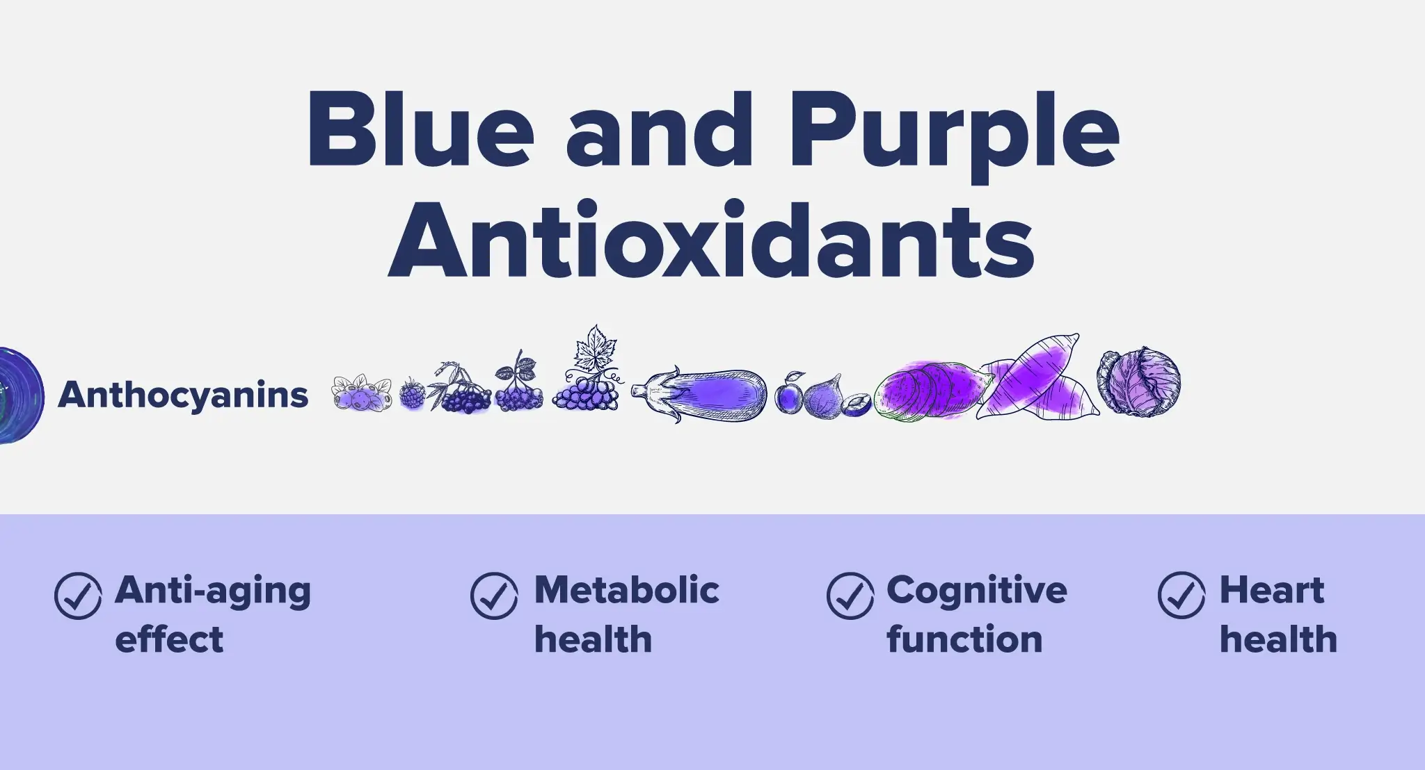 An infographic listing blue and purple foods with antioxidants and their benefits.