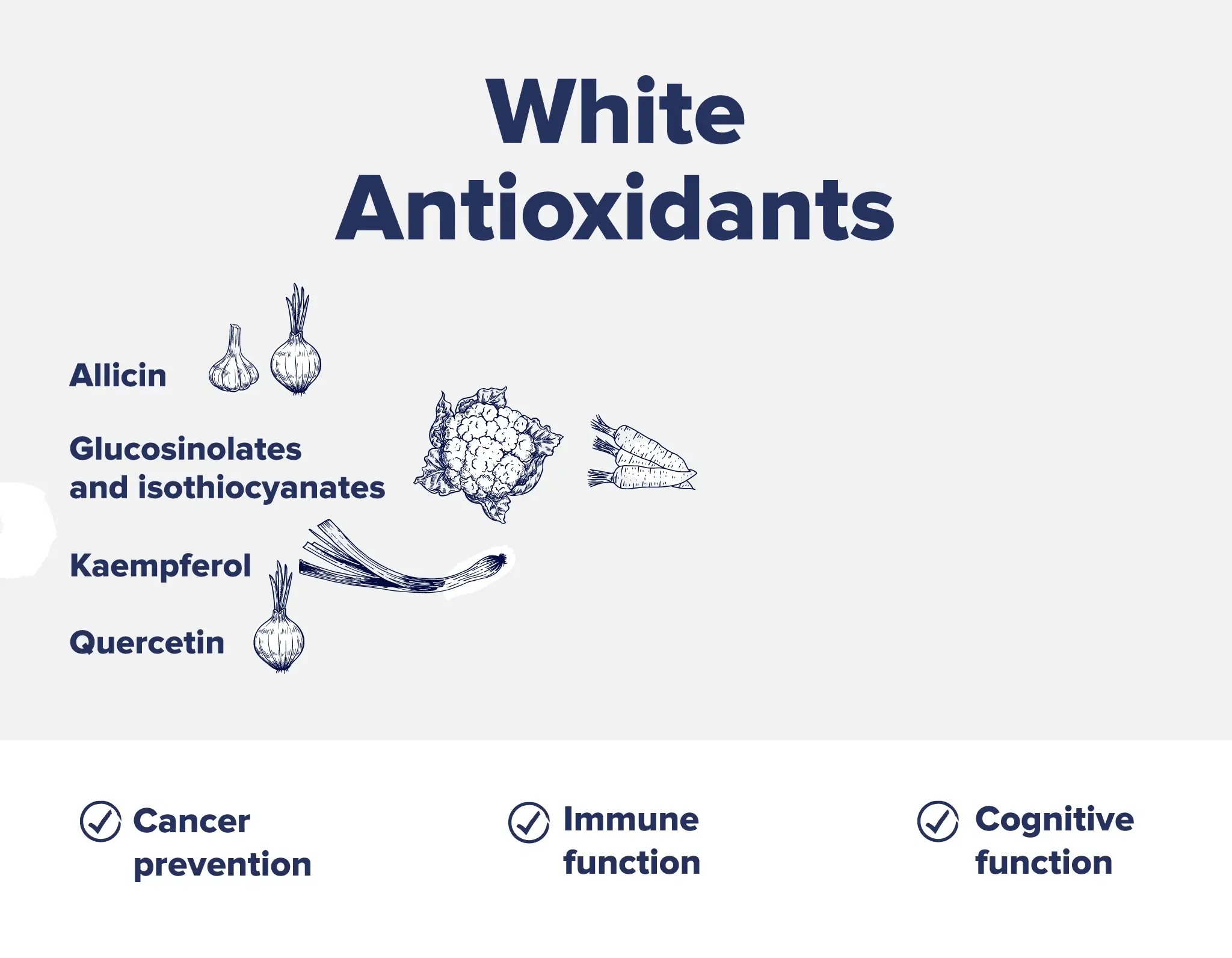 An infographic listing white foods with antioxidants and their benefits.