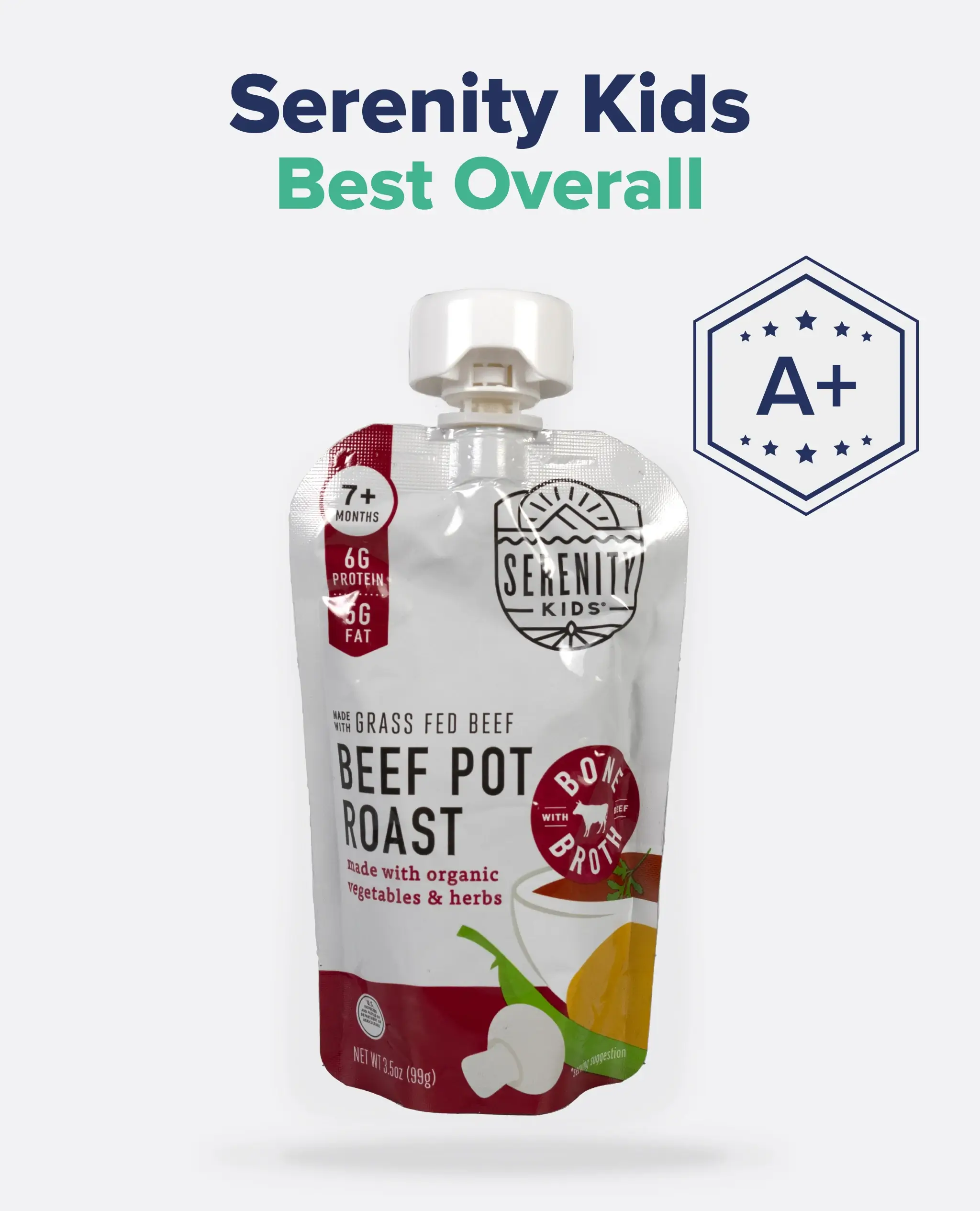 An image of a pouch of Serenity Kids Beef Pot Roast baby food labeled 'Best Overall' with an A+ rating. 