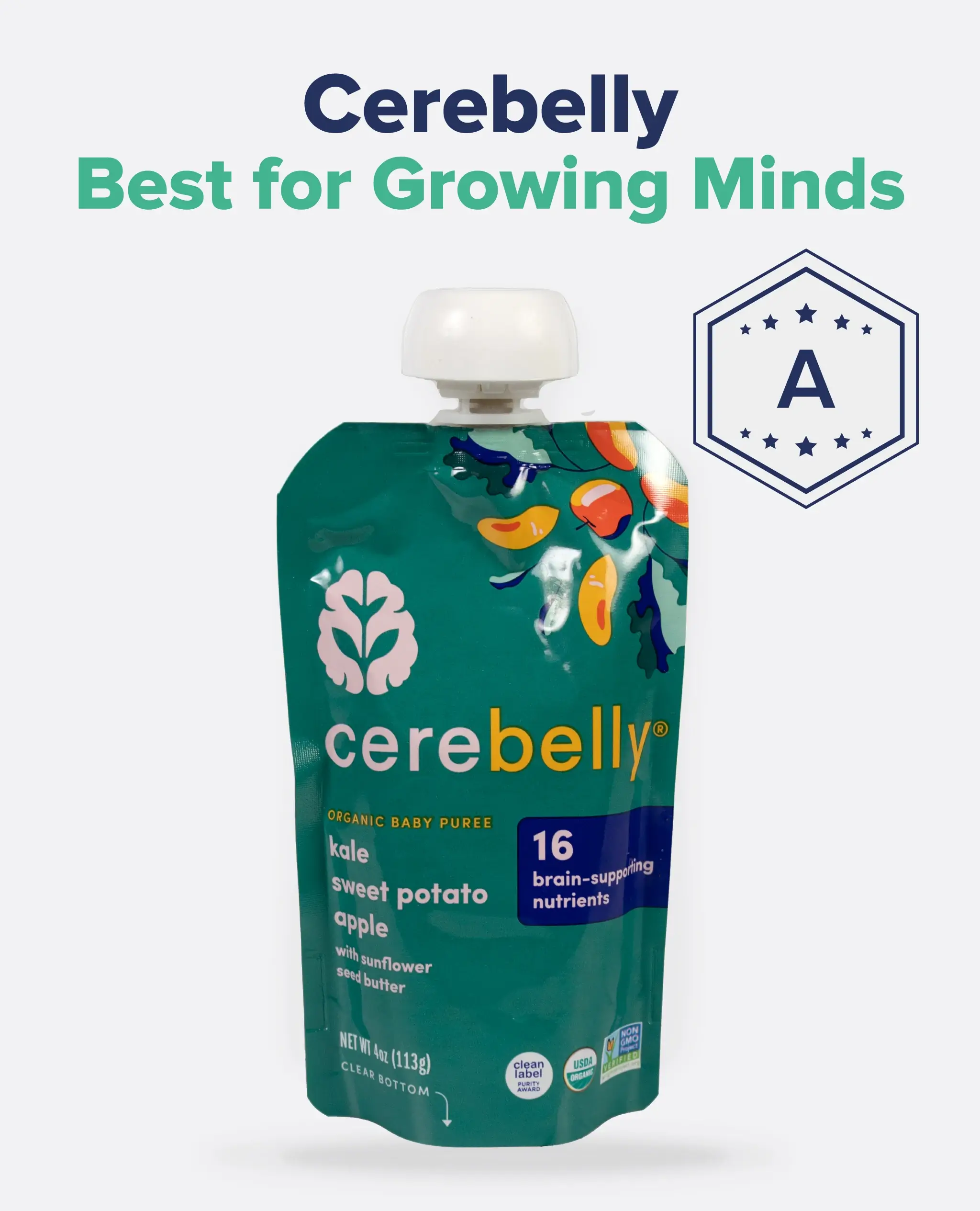 An image of a Cerebelly: Best for Growing Minds food pouch with an "A" rating.