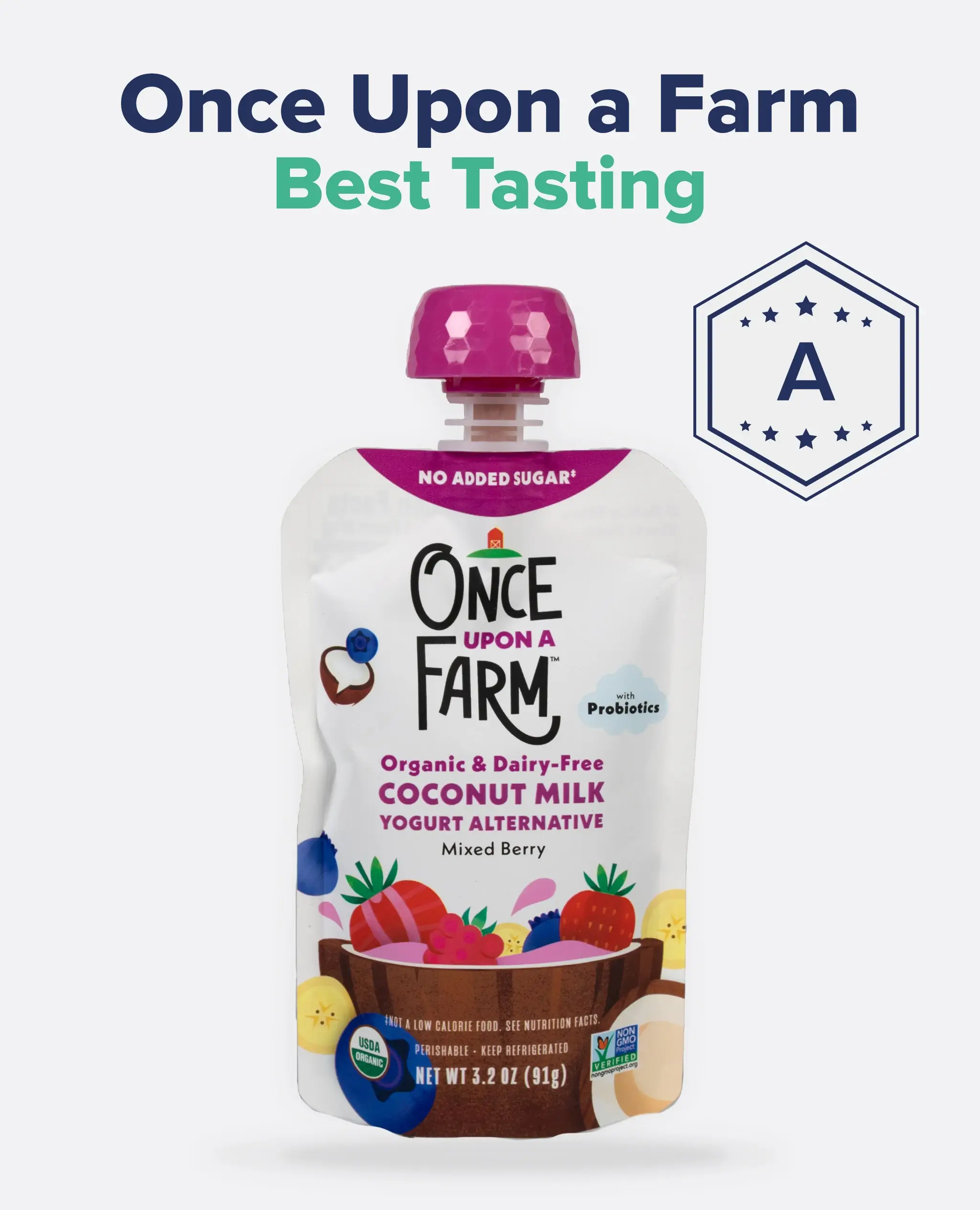 An image of Once Upon a Farm: Best Tasting food pouch with an A rating. 