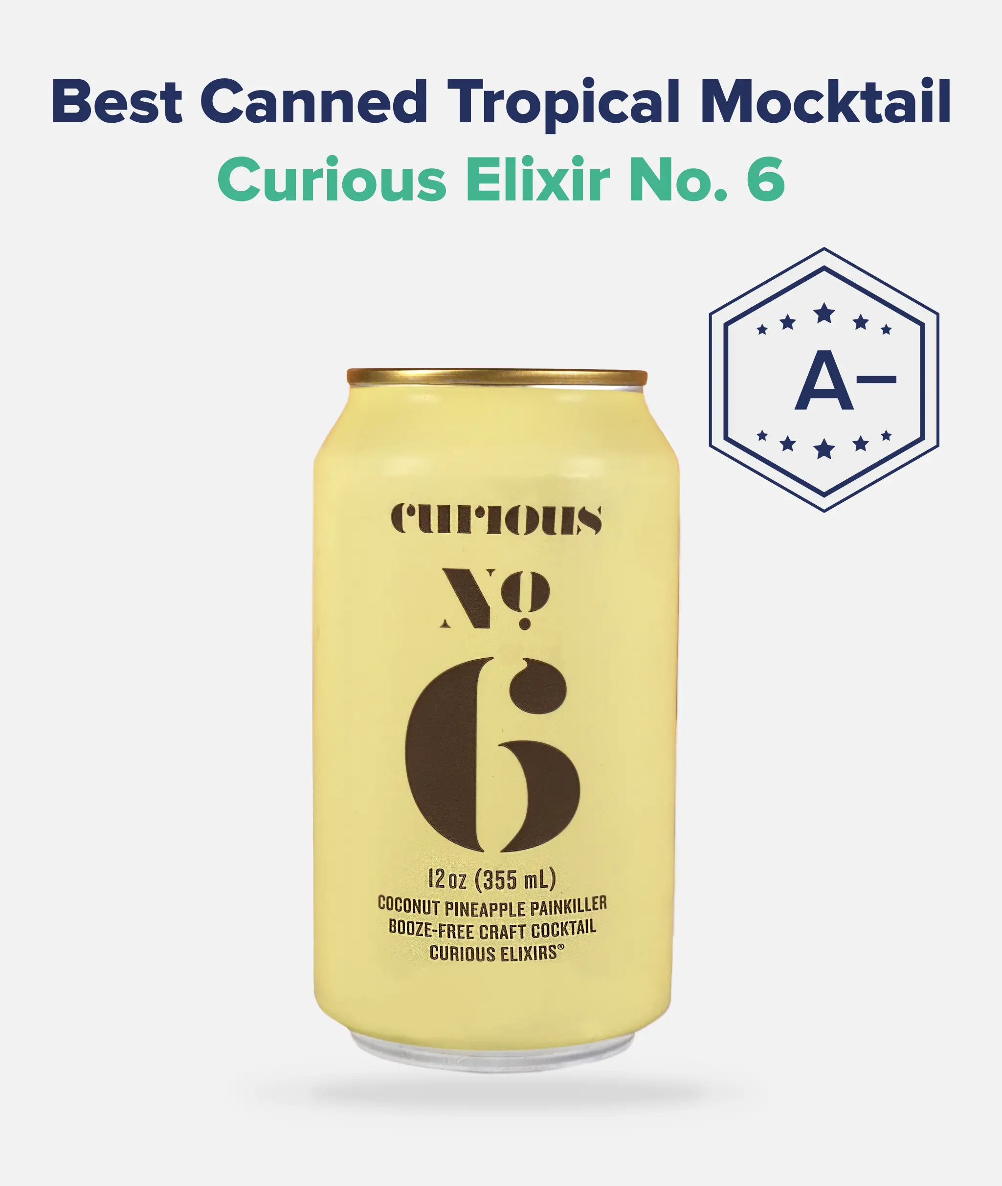 Image of the TNI Canned Tropical Mocktail, Curious Elixir No. 6 Painkiller, with an A- rating.