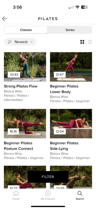 A screenshot of pilates classes available on the Alo Moves app.