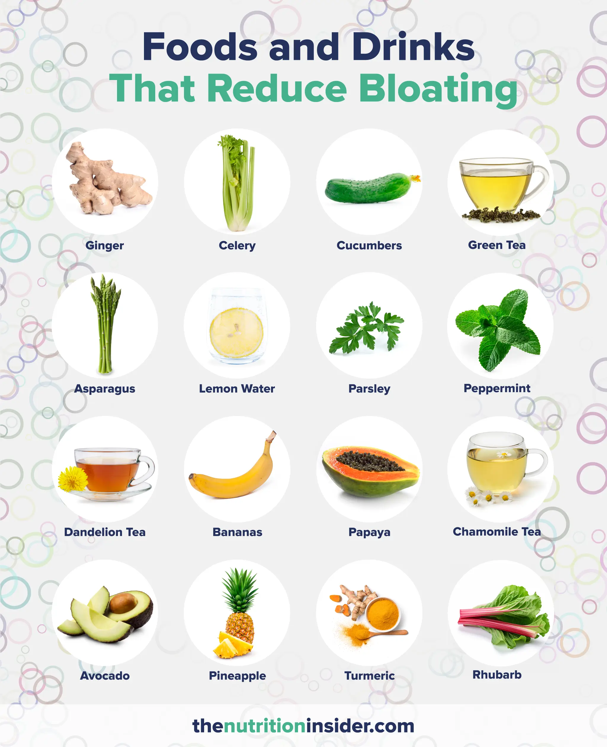 Image of Foods and Drinks that reduce bloatingginger, celery, cucumbers, green tea, asparagus, lemon water, parsley, peppermint, dandelion tea, bananas, papaya, chamomile tea, avocado, pineapple, turmeric, and rhubarb